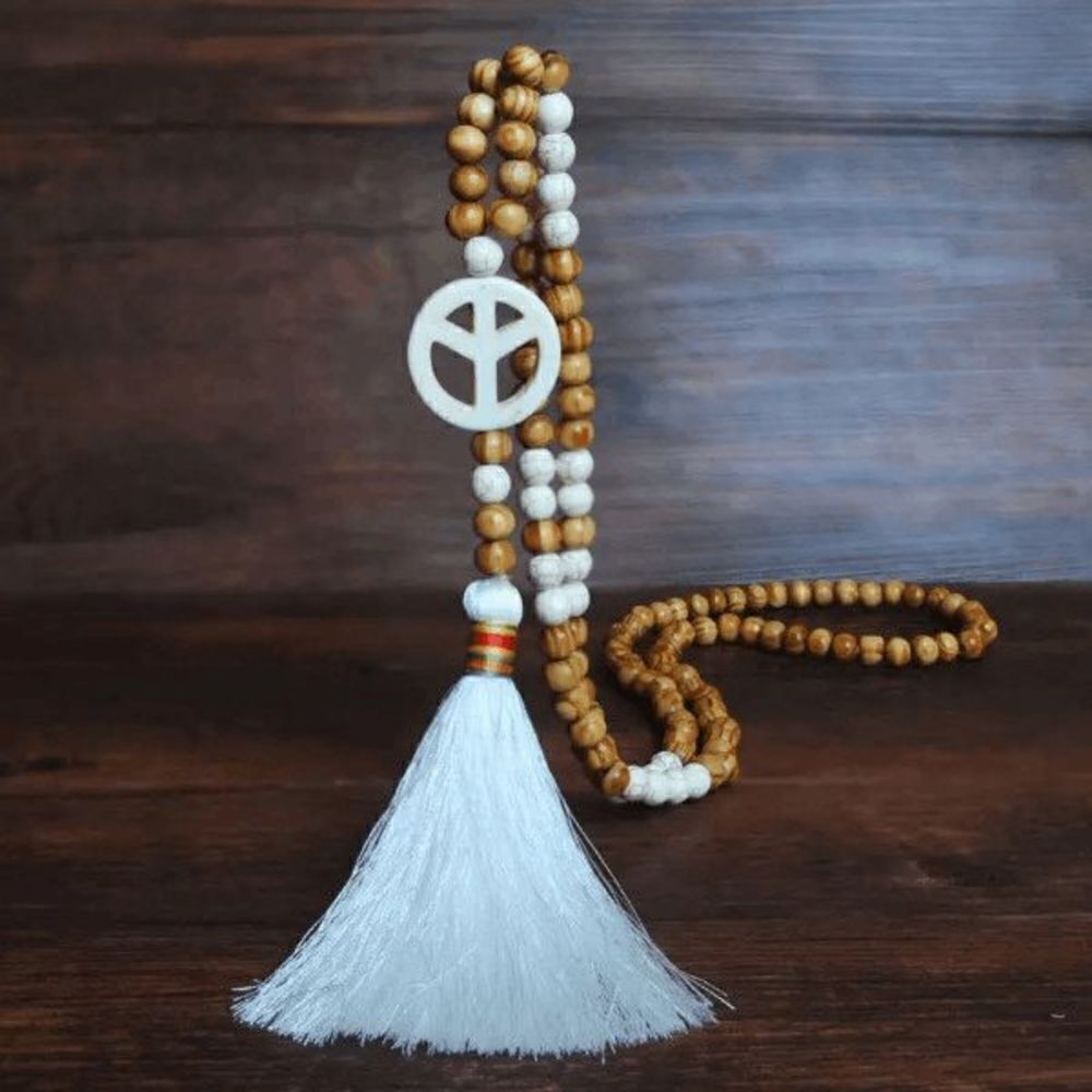 WHITE BUFFALO TURQUOISE WOOD BEADED PEACE SIGN TASSEL SWEATER NECKLACE